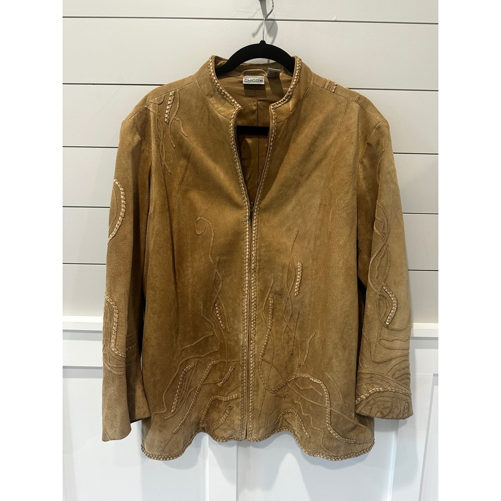 Chicos Tan Suede Leather Embroidered Whipstitch Zip Jacket Size 3 XL